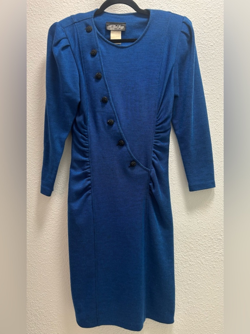 Vintage All That Jazz Royal Blue Long Sleeve Button-Accent Dress